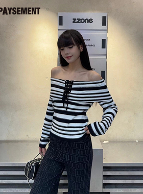 Le Depaysement金线条纹绑带上衣一字肩针织衫女露肩修身打底衫