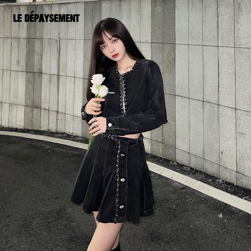 Le Depaysement纯欲甜辣风链条牛仔套装短款露腰性感短裙两件套