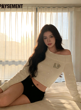 Le Depaysement法式高级感露肩珠片订钻logo毛衣女斜肩修身针织衫