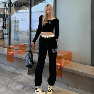 抽绳宽松显瘦束脚加绒卫裤 Depaysement闪闪腰带珍珠logo休闲裤