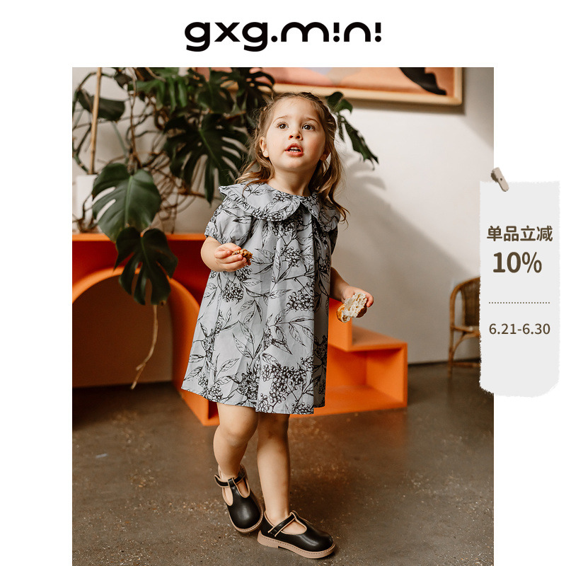 gxgmini童装北欧简约风连衣裙25夏新款女小童可爱娃娃领碎花裙子