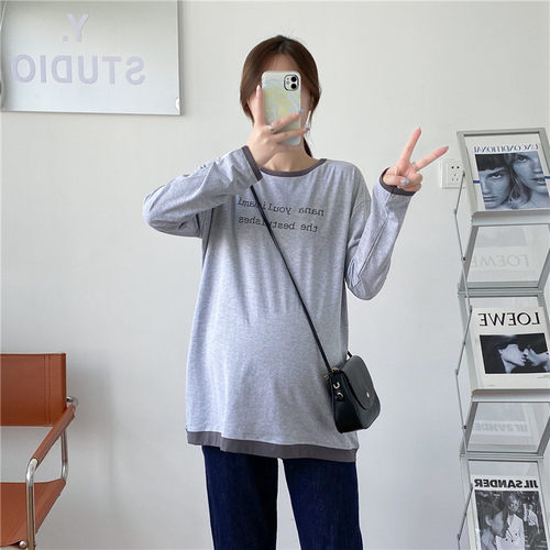 8563#（实拍一）孕妇 拼接 潮 印花 长袖 上衣 T恤