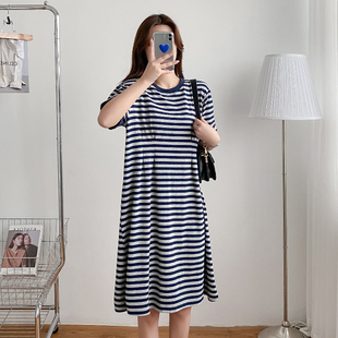 大码 褶皱 潮流 9163 条纹 孕妇 短袖 连衣裙 实拍二