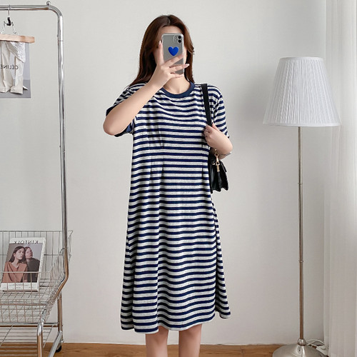 9163#（实拍二）孕妇 大码 褶皱 潮流 短袖 条纹 连衣裙