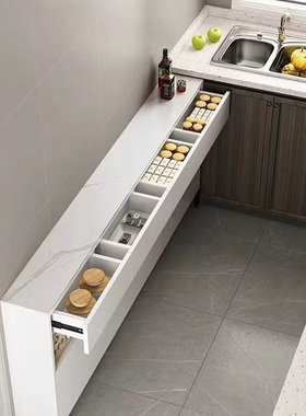 实木生态板超薄餐边柜厨房储物柜岩板茶水柜暖白色20/25/30/35cm