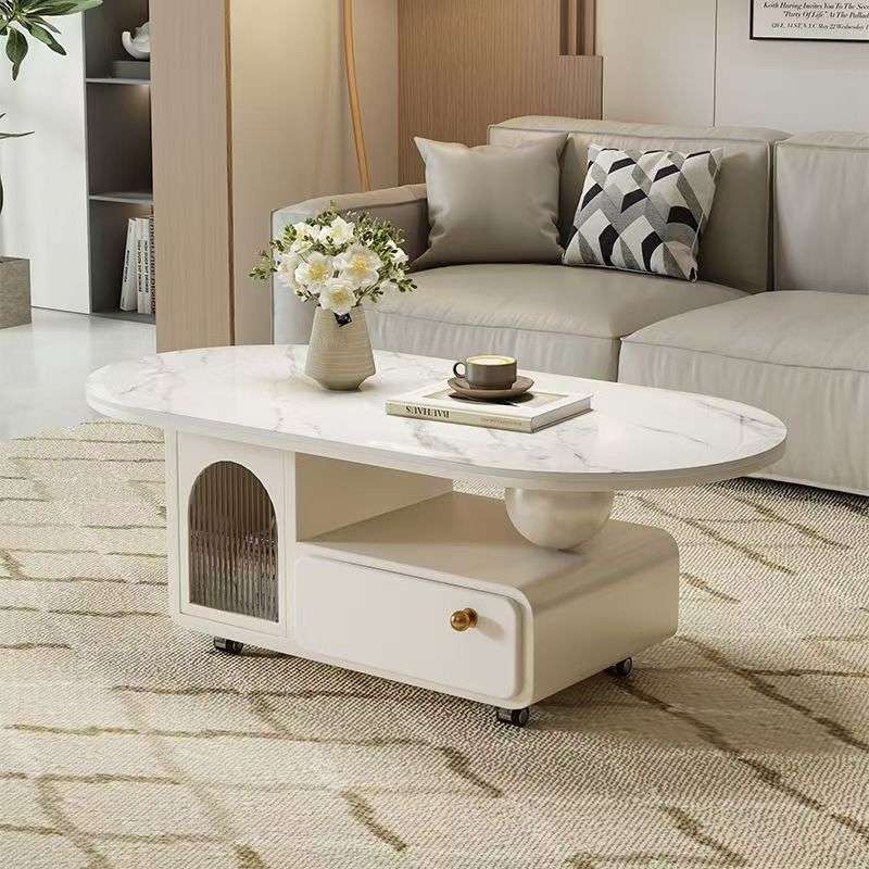 轻奢意式茶几客厅高级感奶油现代家用小户型岩板椭圆形可移动组合