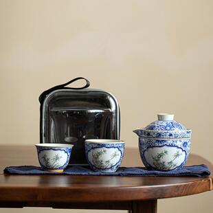 复古青花竹旅行茶具套装便携式快客杯收纳包一壶三杯户外盖碗茶杯