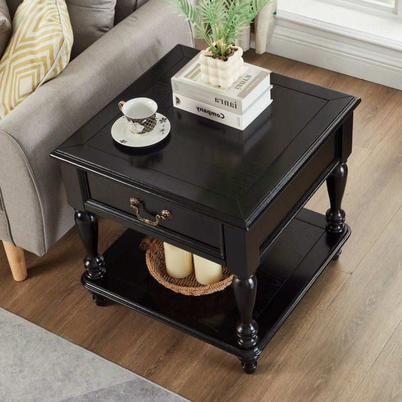 法式复古全实木边几黑色小桌子置物架家用客厅中古风角几小茶几