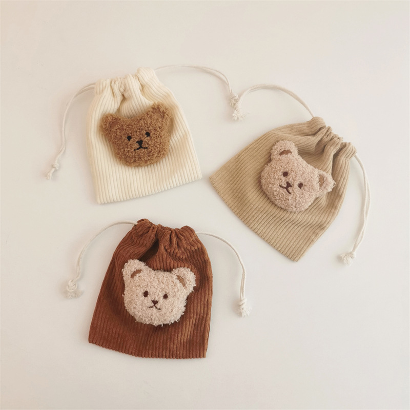 韩版风毛绒灯芯绒束口袋收纳袋线耳机包儿童零钱包布袋