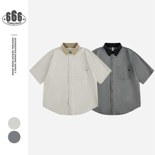 STAFFPICK日系复古撞色翻领工装上衣潮流短袖衬衫宽松男女外套