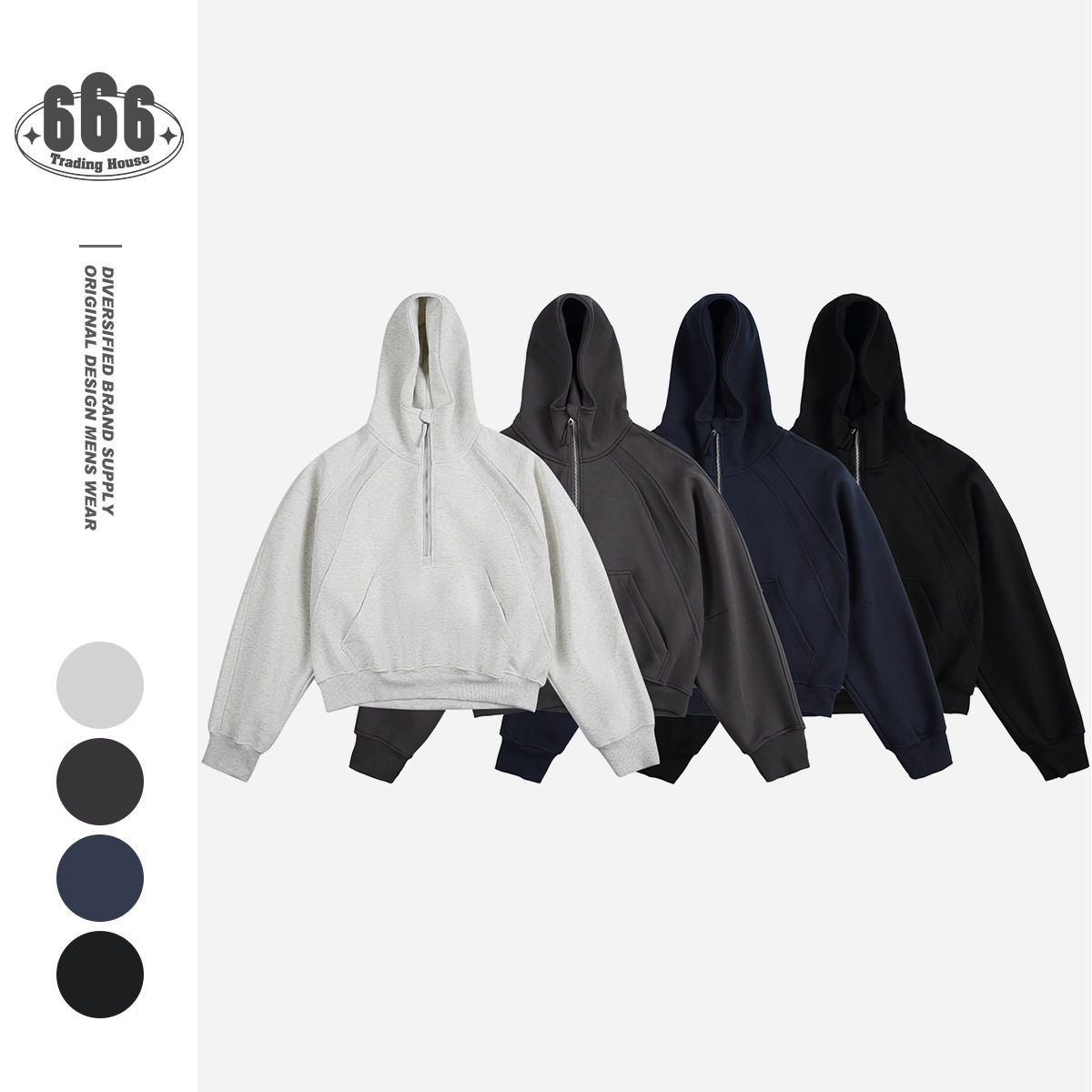 WHSDDY3美式高街复古套头半拉链连帽卫衣男潮牌宽松廓形连帽衫