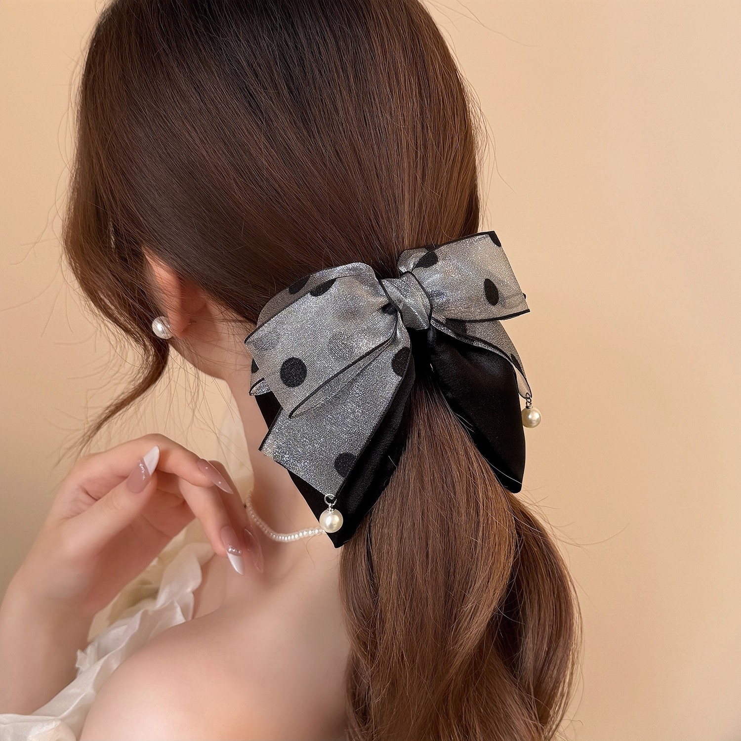 轻奢缎面雪纱蝴蝶结抓夹盘发夹子