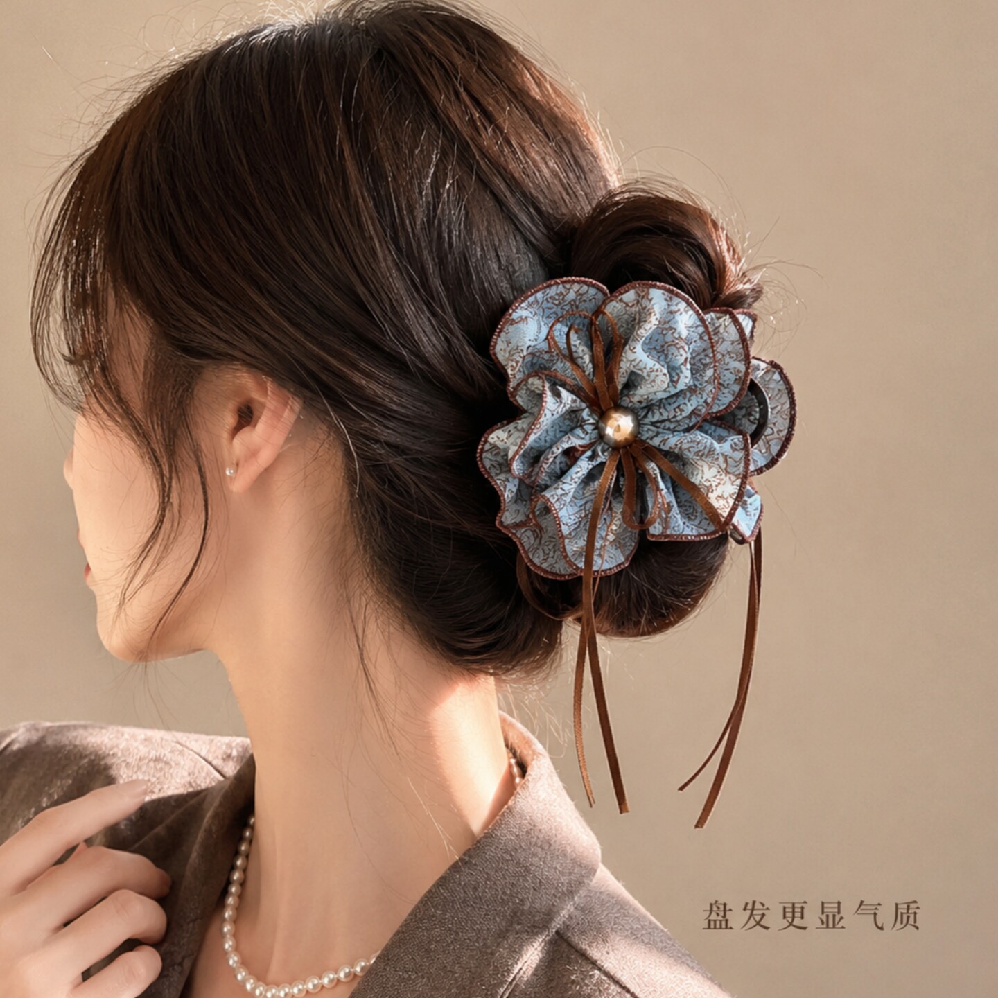 高端碎花蝴蝶结飘带网纱抓夹女后脑勺盘发夹中号半扎发夹子鲨鱼夹