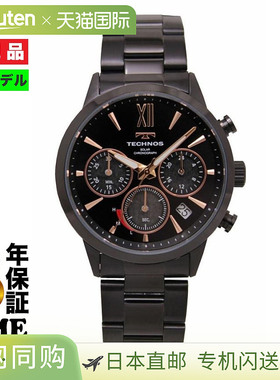 日本直邮TECHNOS 手表男士太阳能计时码表黑色/黑色时间限量型号