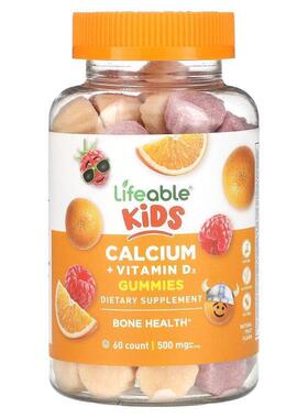 Lifeable,儿童钙 + 维生素 D3 软糖，天然水果味，250 毫克，60