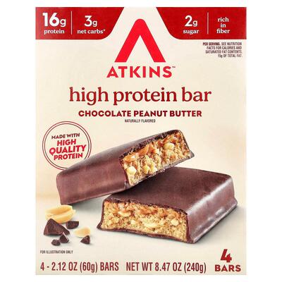 阿特金斯,High Protein Bar, Chocolate Peanut Butter, 4 Bars,