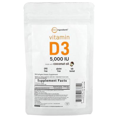 Micro Ingredients,维生素 D3 软胶囊，5000 国际单位，500 粒