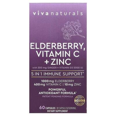 Viva Naturals,接骨木果，维生素 C + 锌，5 合 1 机体抵抗支持，
