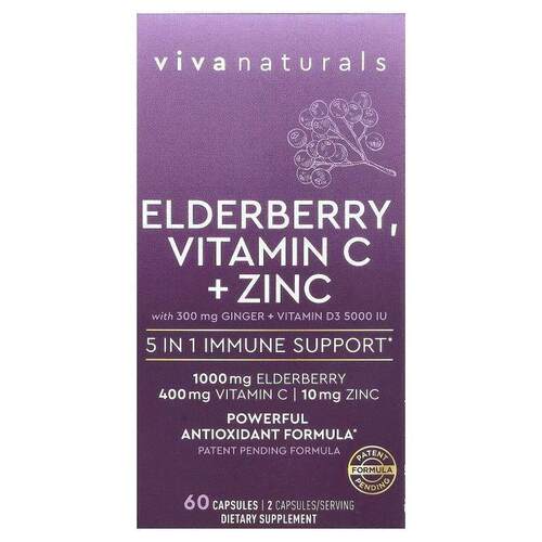 Viva Naturals,接骨木果，维生素 C + 锌，5 合 1 机体抵抗支持