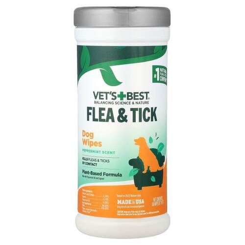 Vets Best,Flea & Tick Dog Wipes, Peppermint