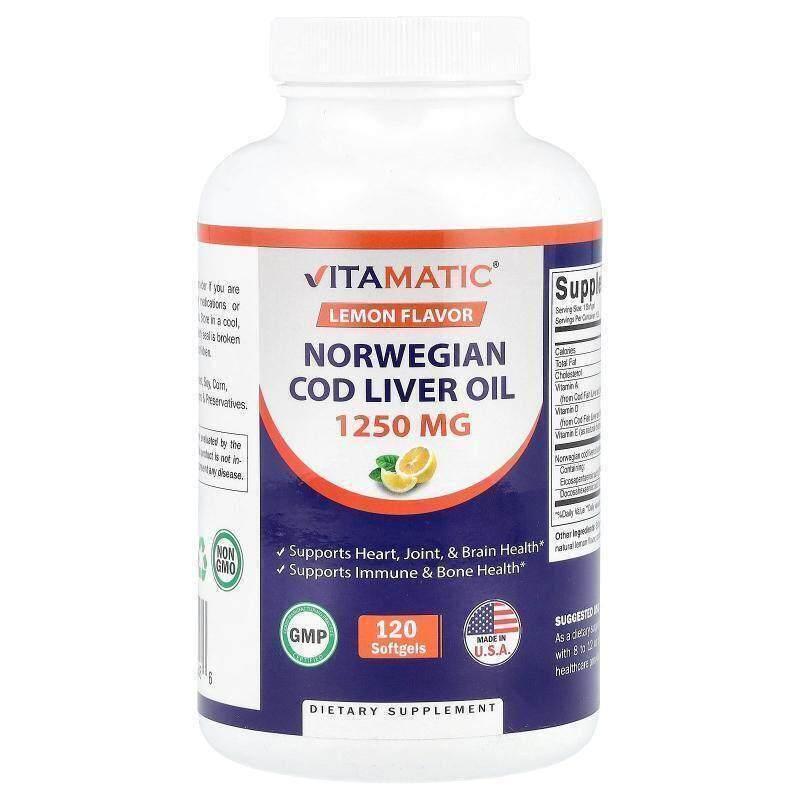 Vitamatic,挪威鳕鱼肝油，柠檬味，1,250 毫克，120 粒软凝胶
