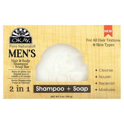 Okay Pure Naturals,Men's 2 in Shampoo + Soap, 1 Bar Soap, 9