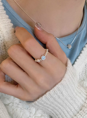 小清新滴釉珍珠戒指女小众设计百搭简约高级时尚开口可调节手指环