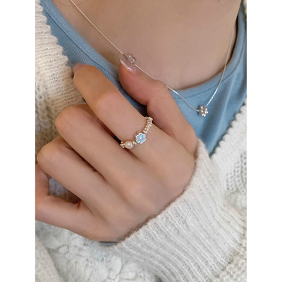 小清新滴釉珍珠戒指女小众设计百搭简约高级时尚开口可调节手指环