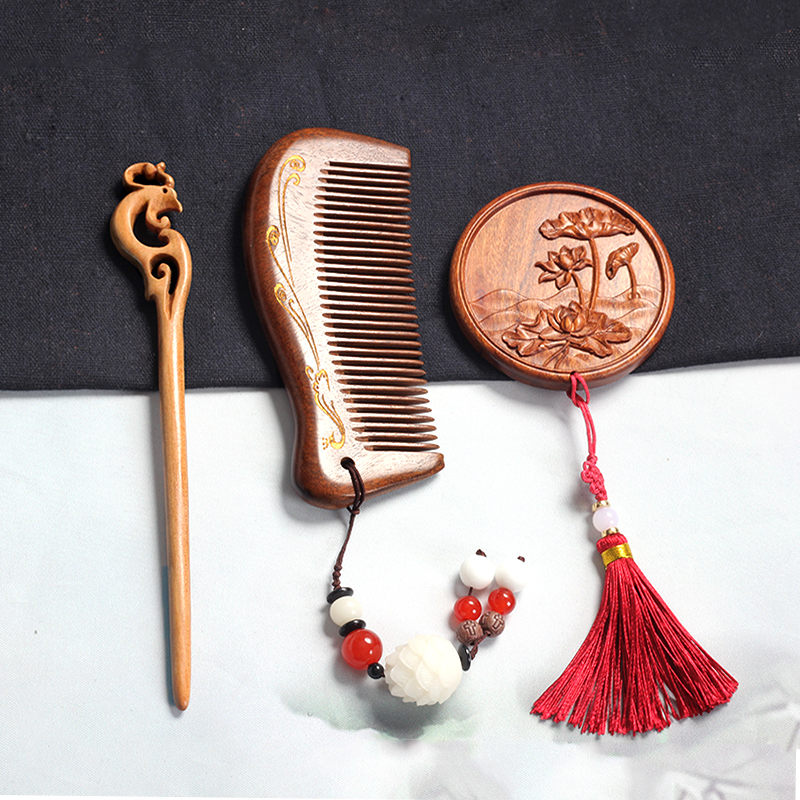 梳镜套装梳子卷发梳圆镜子礼盒套装静电刻字保健按摩Y防木质梳子