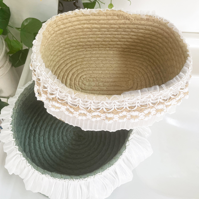 创意 手工编织收k纳盒蕾丝棉绳桌面收纳篮筐卧室储物筐杂物置物框