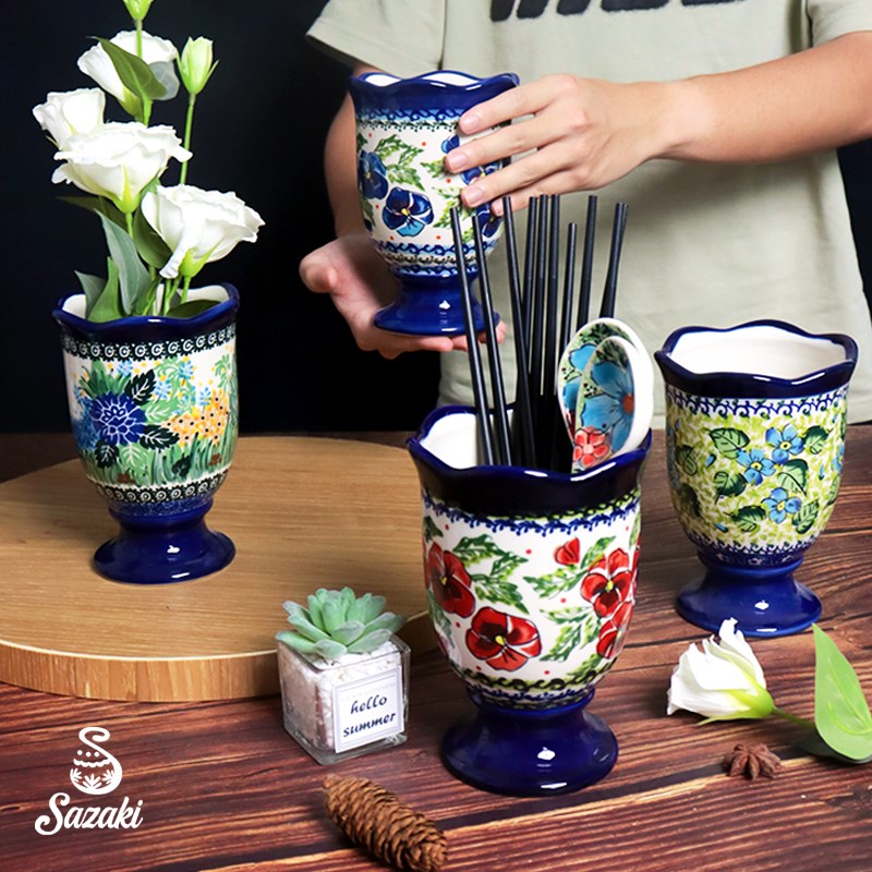 欧式波兰c彩手绘陶瓷筷子筒筷子盒筷子架沥水孔花瓶种花高颜值家
