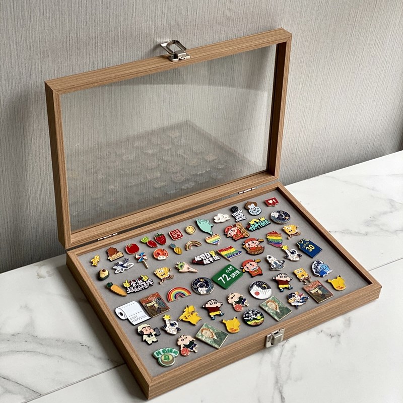 大号木纹原木g色徽章收纳盒海绵可拿出纪念车标胸针收藏整理展示
