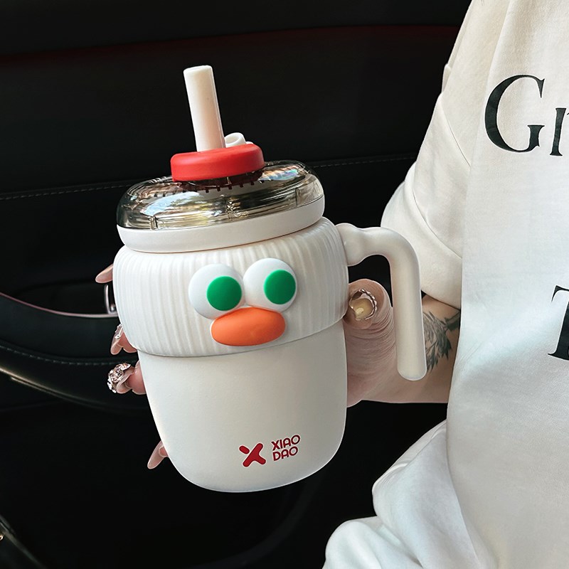 高颜值保温杯e2024新款女保冷双饮咖啡杯子办公室吸管水杯便携可