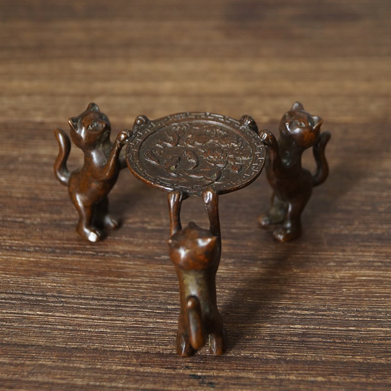 厂价苏工实心铜小猫献鱼盖置茶托盖托壶承杯托茶茶宠X茶玩茶道配