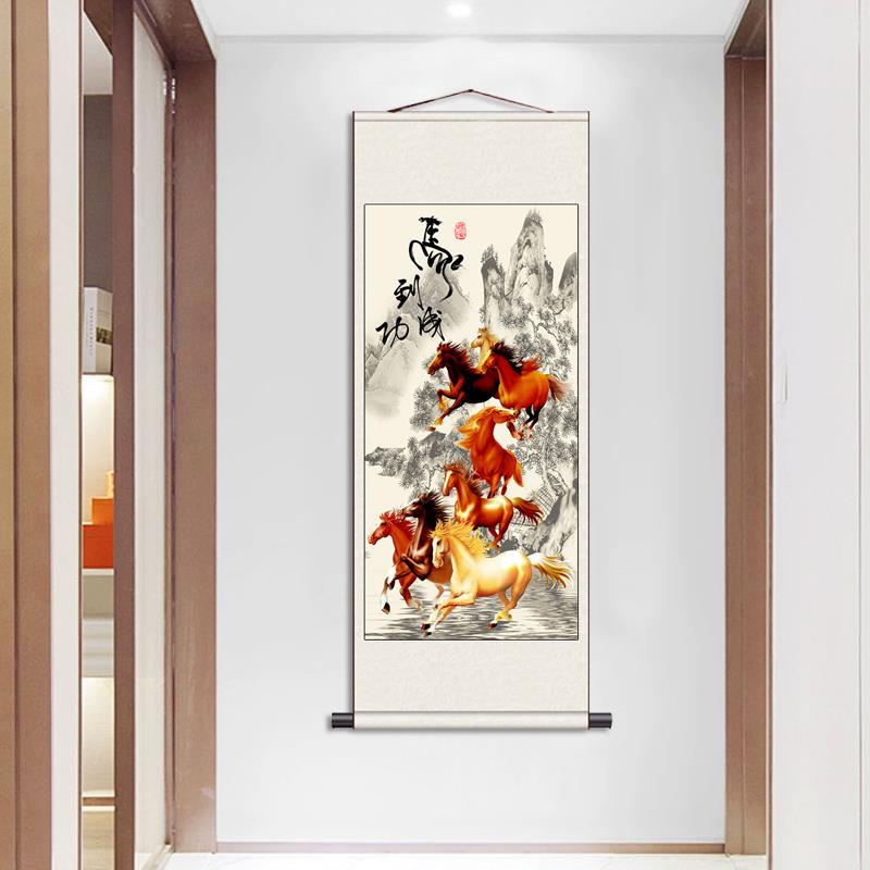 花鸟画卷轴画f马到成功八骏图酒店挂画丝绸卷轴画名家字画客户礼