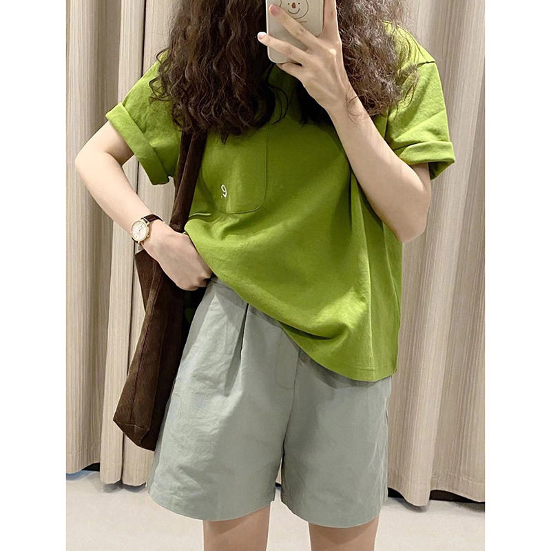 港风chic百搭洋气绿色减龄短袖上衣女圆领T恤宽松穿搭潮ZX8697