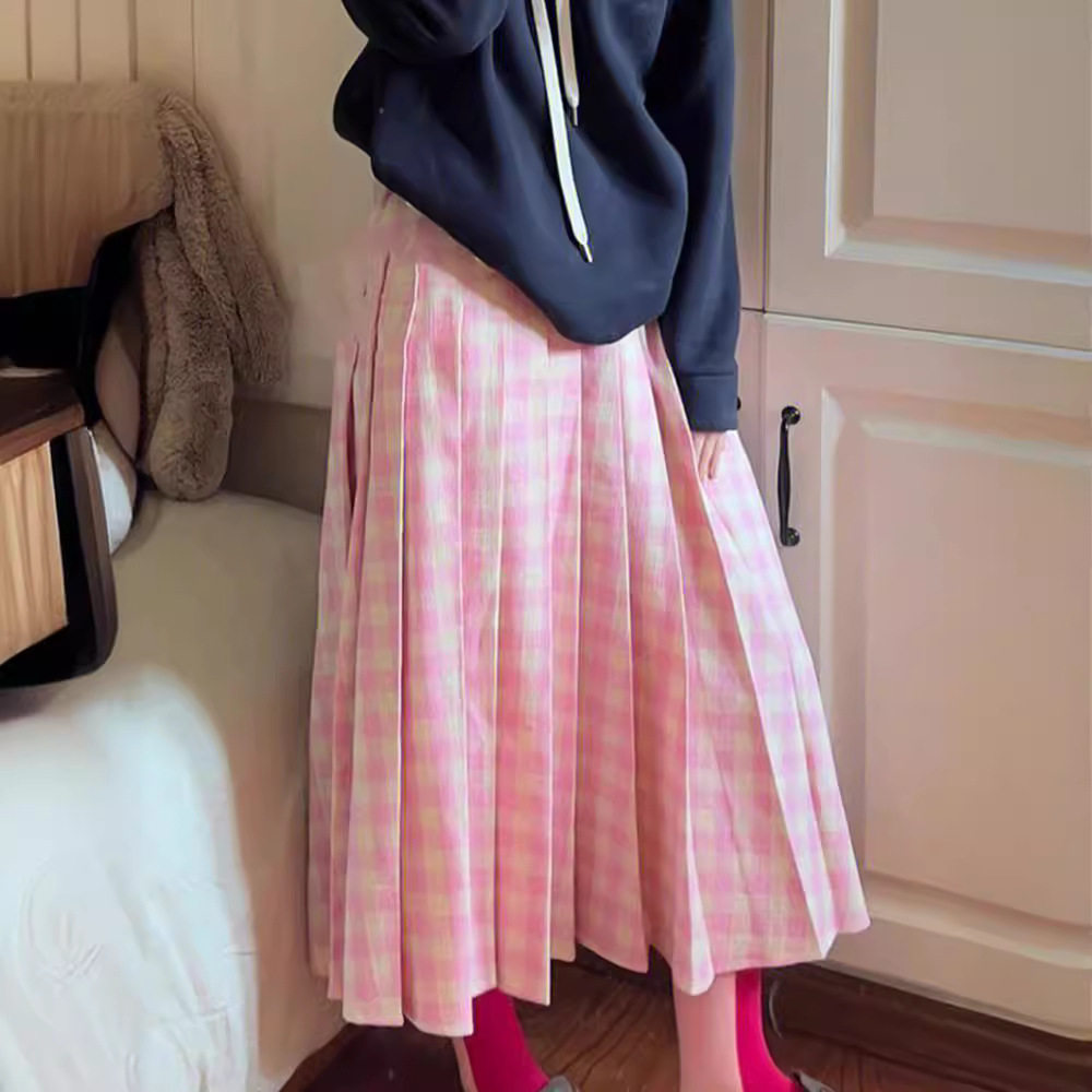 少女感粉色格子百褶裙2026春秋新款今年流行半身裙子大摆长款半裙