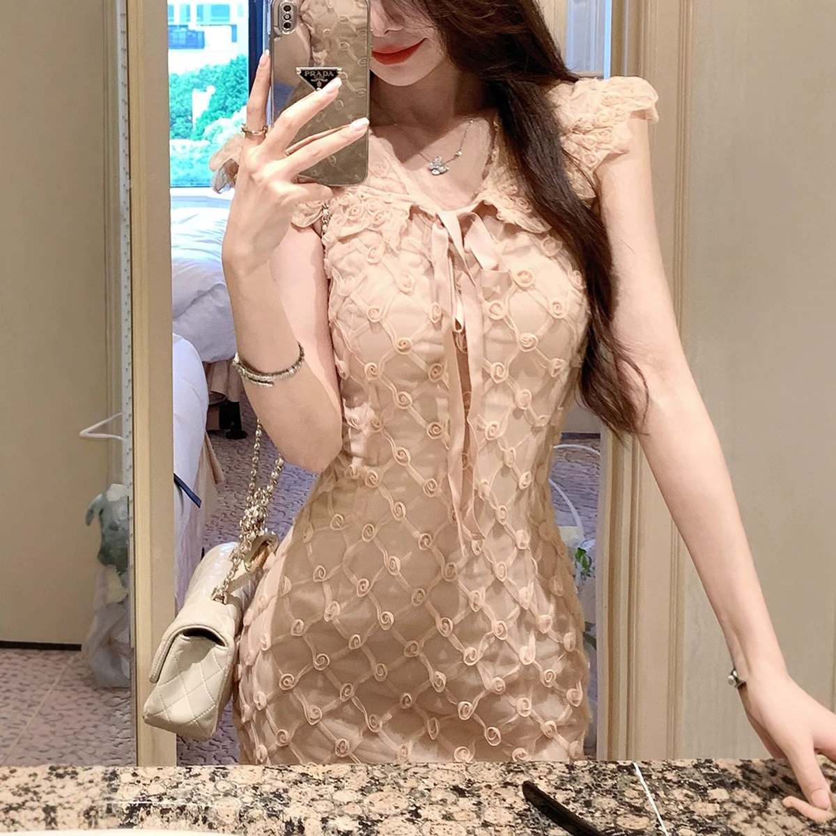 少女秘事 新款夏装立体面料蕾丝连衣裙女短裙女纯欲显瘦气质裙子