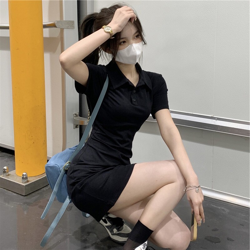 黑色polo领T恤洋装女夏季