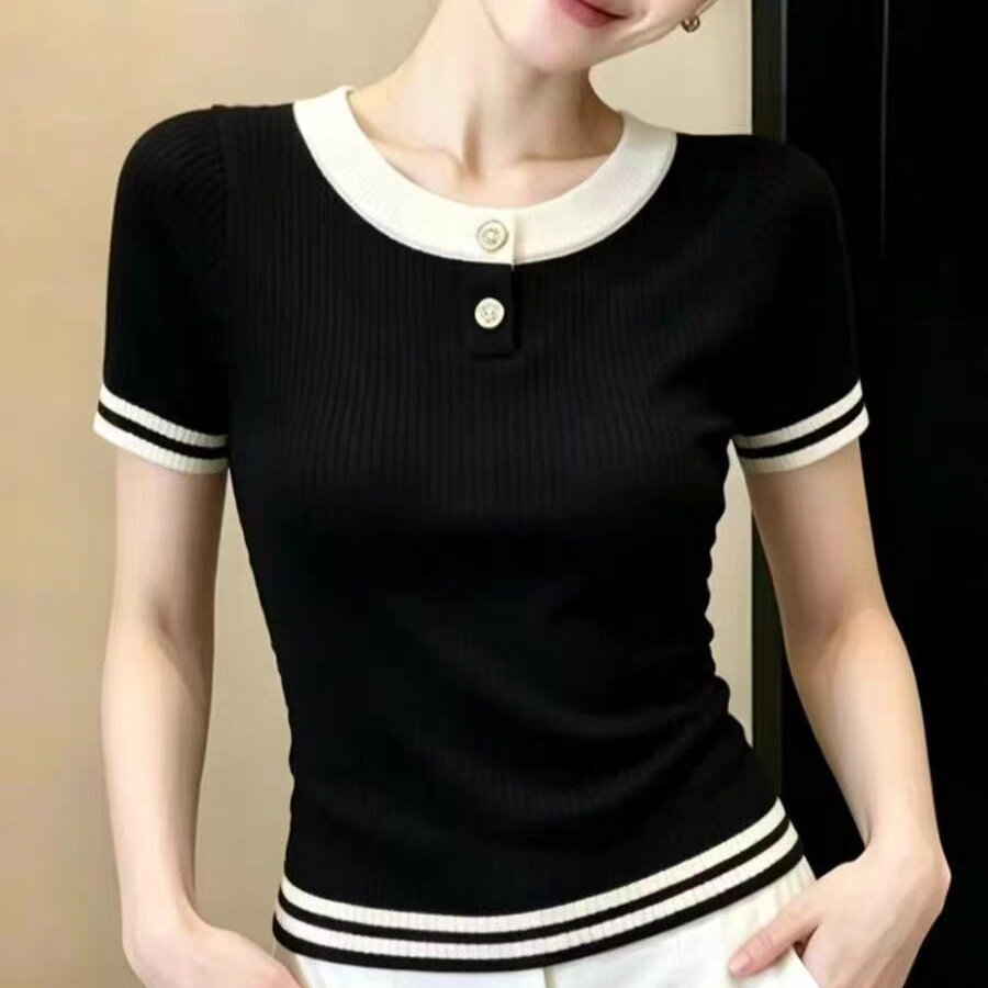 欧货黑色圆领t恤女短袖20