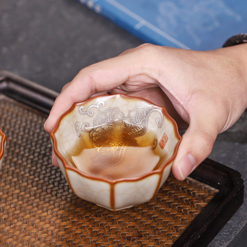 台湾柏韵汝窑天青官汝花瓣杯陶瓷开片可养品茗杯家用办公个人杯
