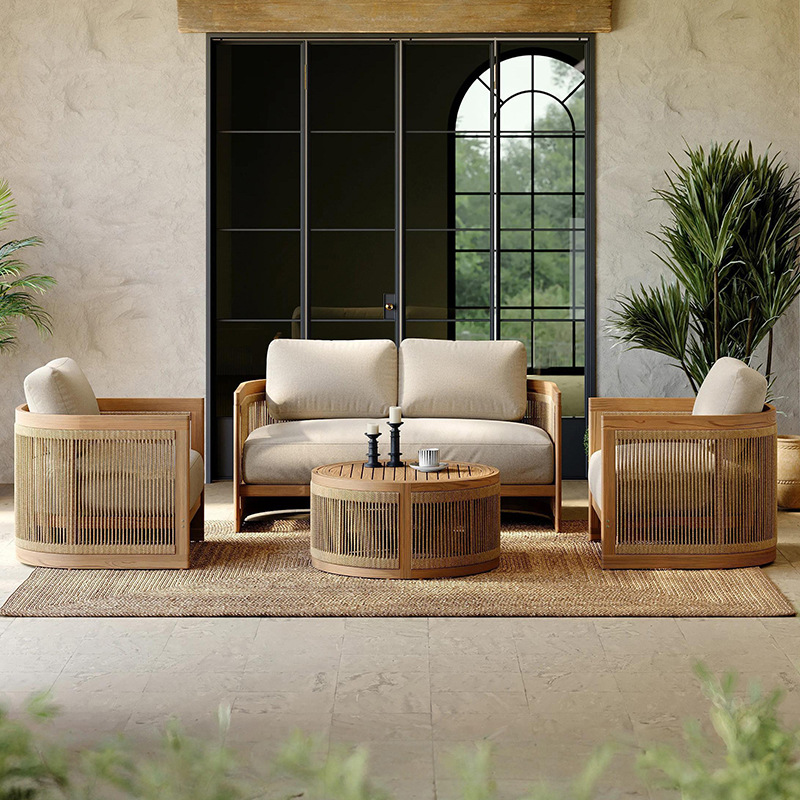 户外绳编沙发酒店别墅度假村木制茶几组合室外庭院花园柚木沙发
