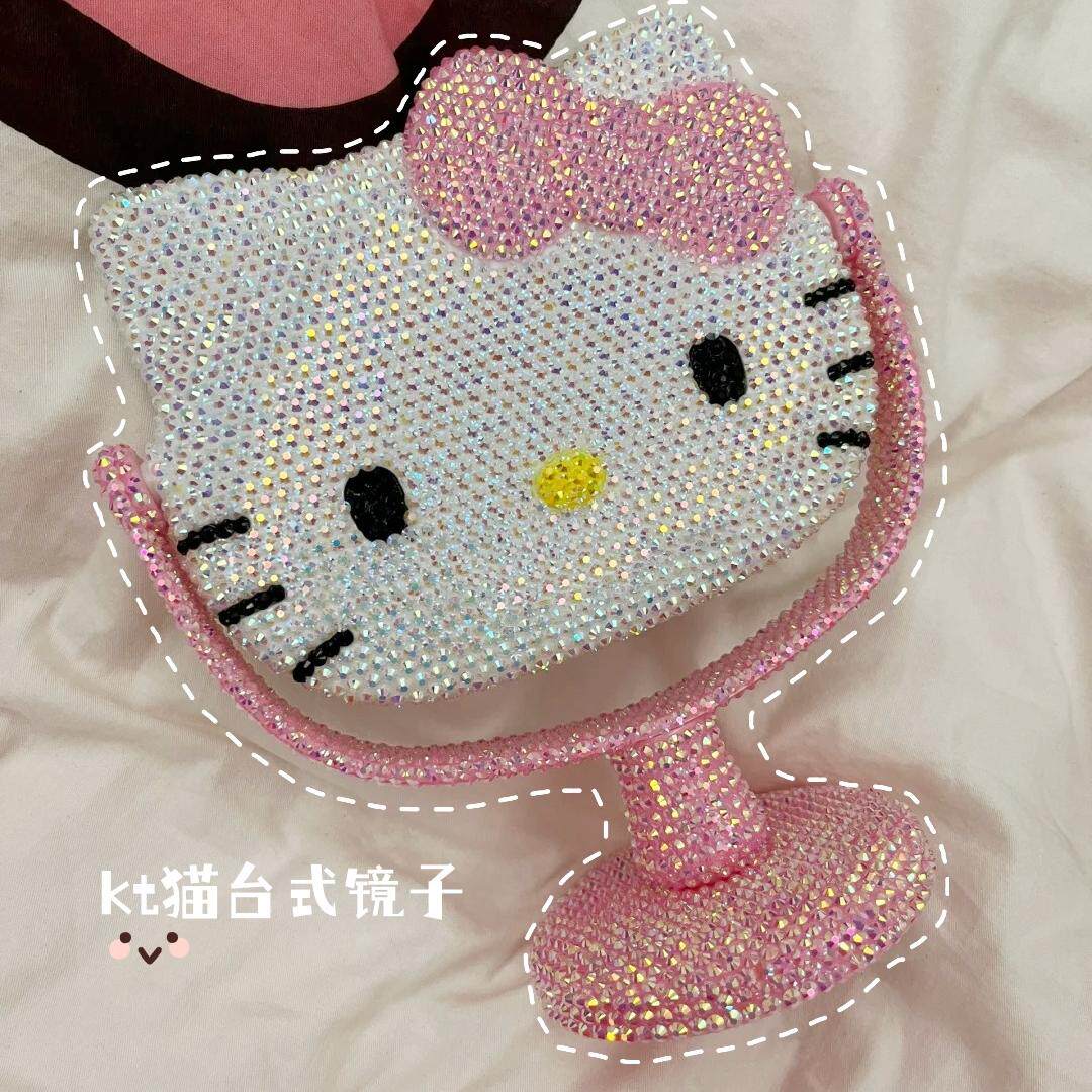 hellokitty满钻台式镜子成品旋转梳妆美妆镜粉色少女心库洛米礼物