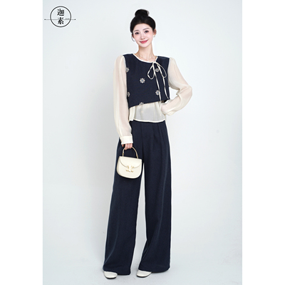 迦素2025秋季老钱风藏青套装裤子