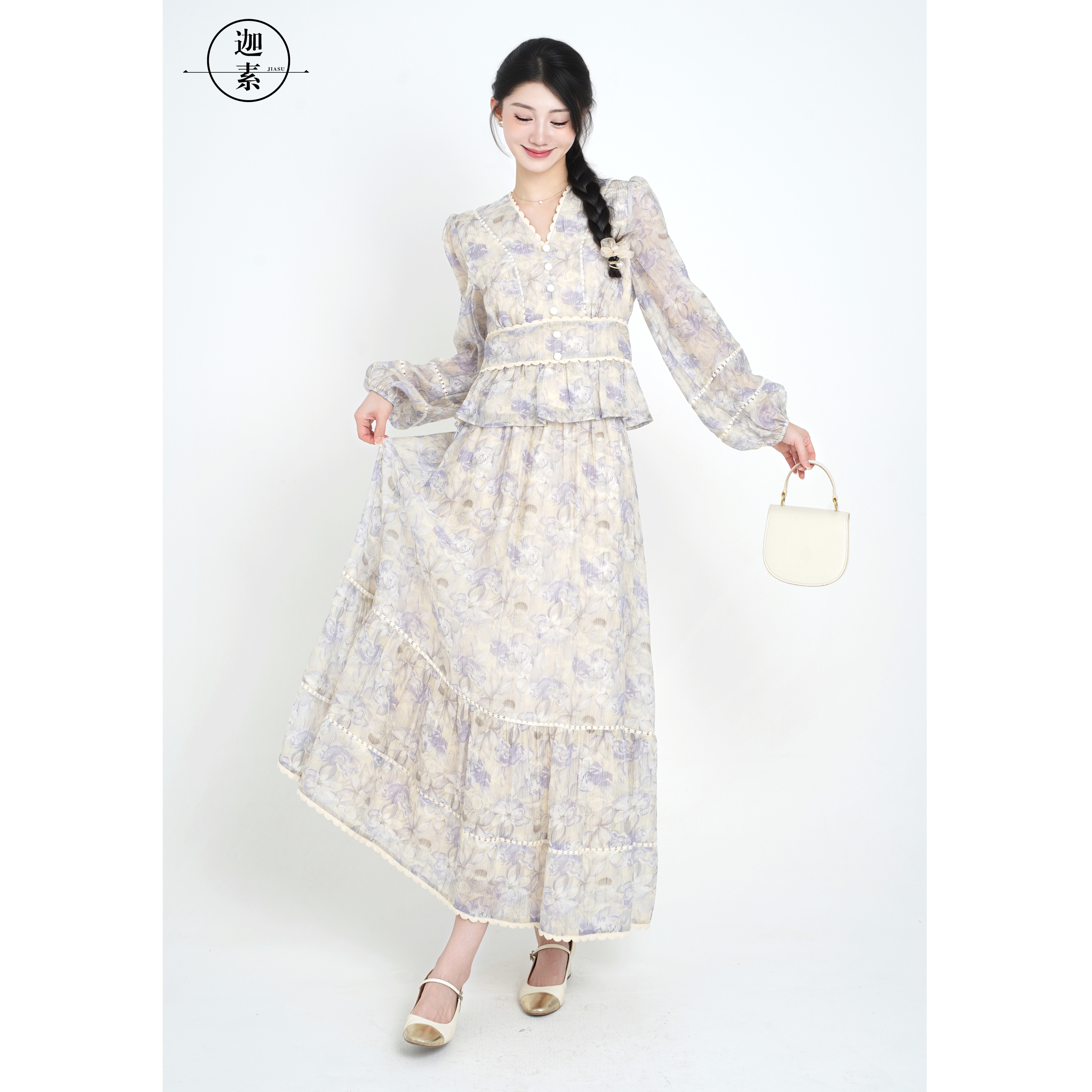 JIASU 【浪漫邂逅】特调订制紫高工艺拼接天丝碎花套装 S455