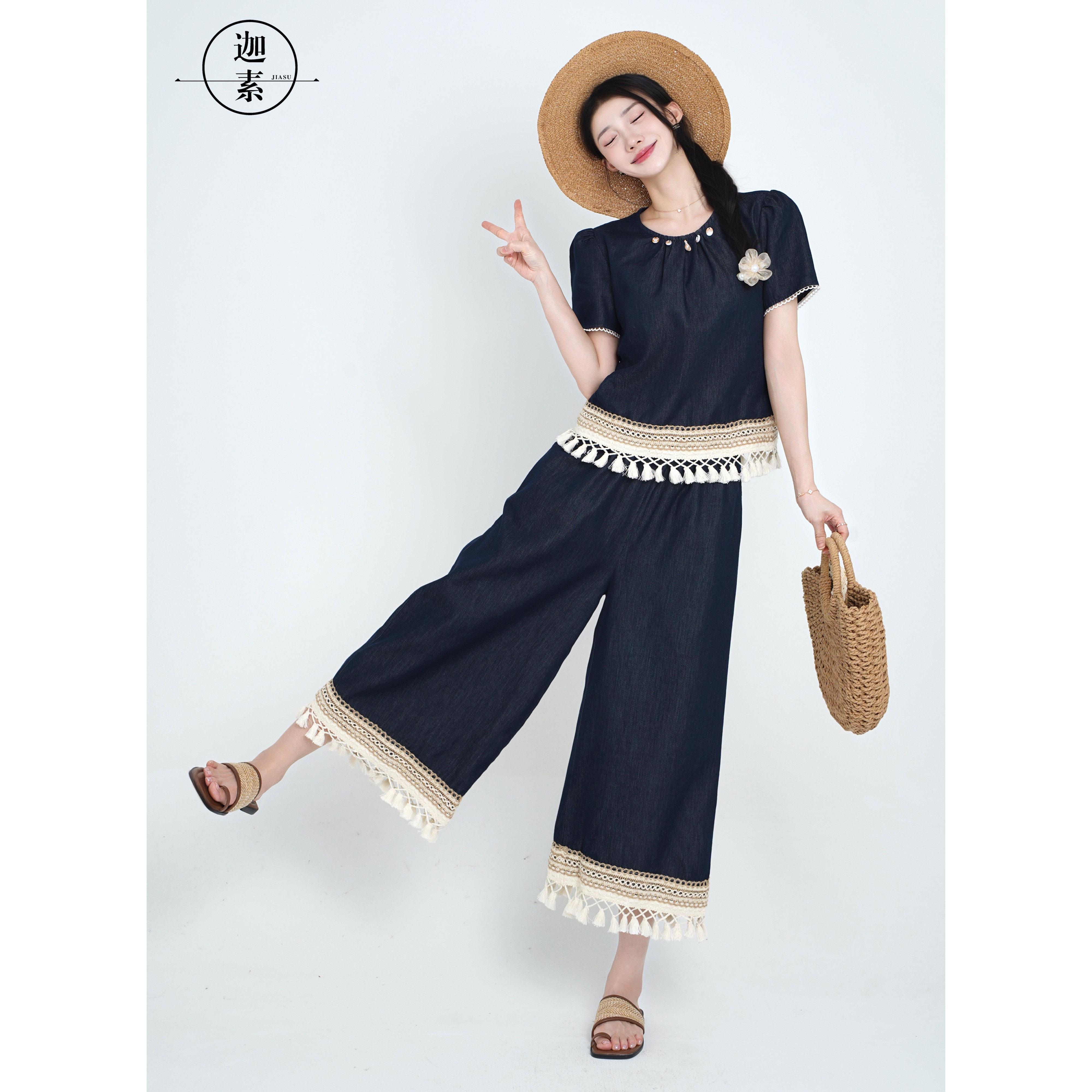 JIASU【星坠蓝屿】25年夏季新款定制圆领绣花裤裙套装S509