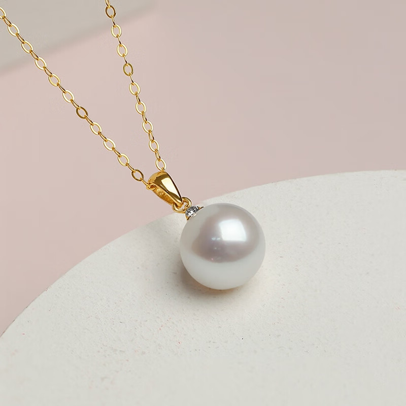 18K金镶钻石吊坠感偏粉光珍珠项链时尚百搭锁骨链亲节礼物
