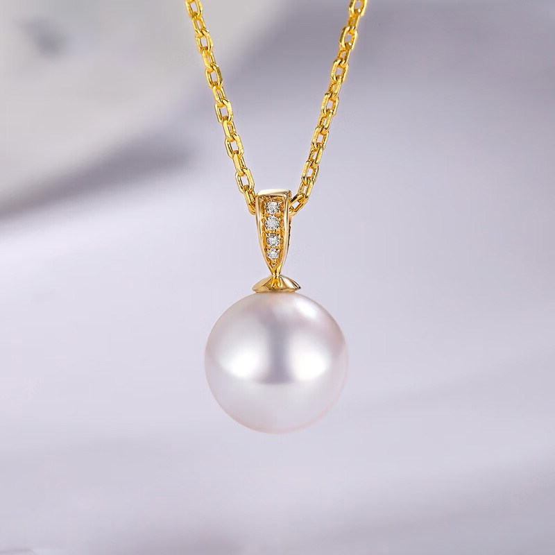 18K金akoya海水珍珠吊坠单颗镶钻珍珠项链女送女友生日礼物