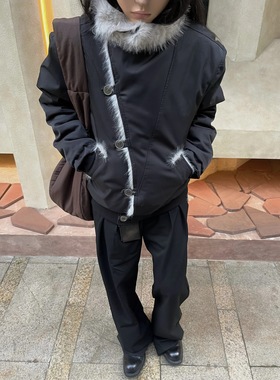 ONEER 水貂毛不规则交襟大翻领冬季加厚收腰保暖棉服男bomber外套