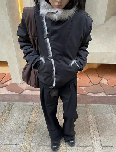 ONEER 水貂毛不规则交襟大翻领冬季加厚收腰保暖棉服男bomber外套